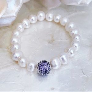 Fresh Water Pearl Purple CZ Beaded Bracelet NEW OS